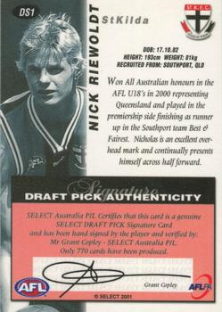2001 Select AFL Authentic - Draft Pick Signatures #DS1 Nick Riewoldt Back